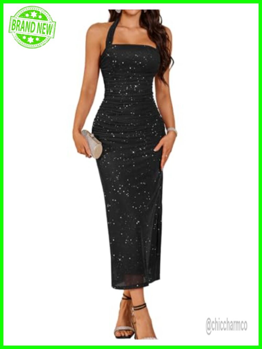 Sparkly Maxi Dress Bodycon Halter Formal Wedding Guest
